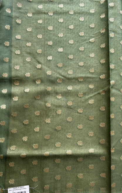 Semi Raw Silk Tissue Saree Olive Green Colored Elegantly Paired with a Zari Border. - Sampradaya Designer Studio