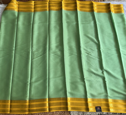 Sea Green Mysore Crepe Silk Saree with Silver Zari Border | Pure Handloom | Silk Mark Certified