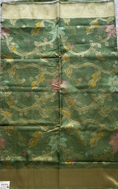 Semi Raw Silk Tissue Saree Olive Green Colored Elegantly Paired with a Zari Border. - Sampradaya Designer Studio