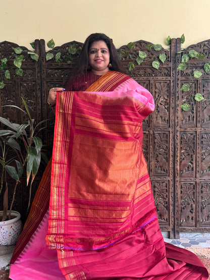 Gadwal Silk Saree Pink Colored Complemented With a Maroon Zari Border - Sampradaya Designer Studio