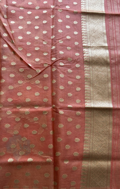 Semi Raw Silk Tissue Saree Dusty Pink Colored Elegantly Paired with a Zari Border. - Sampradaya Designer Studio