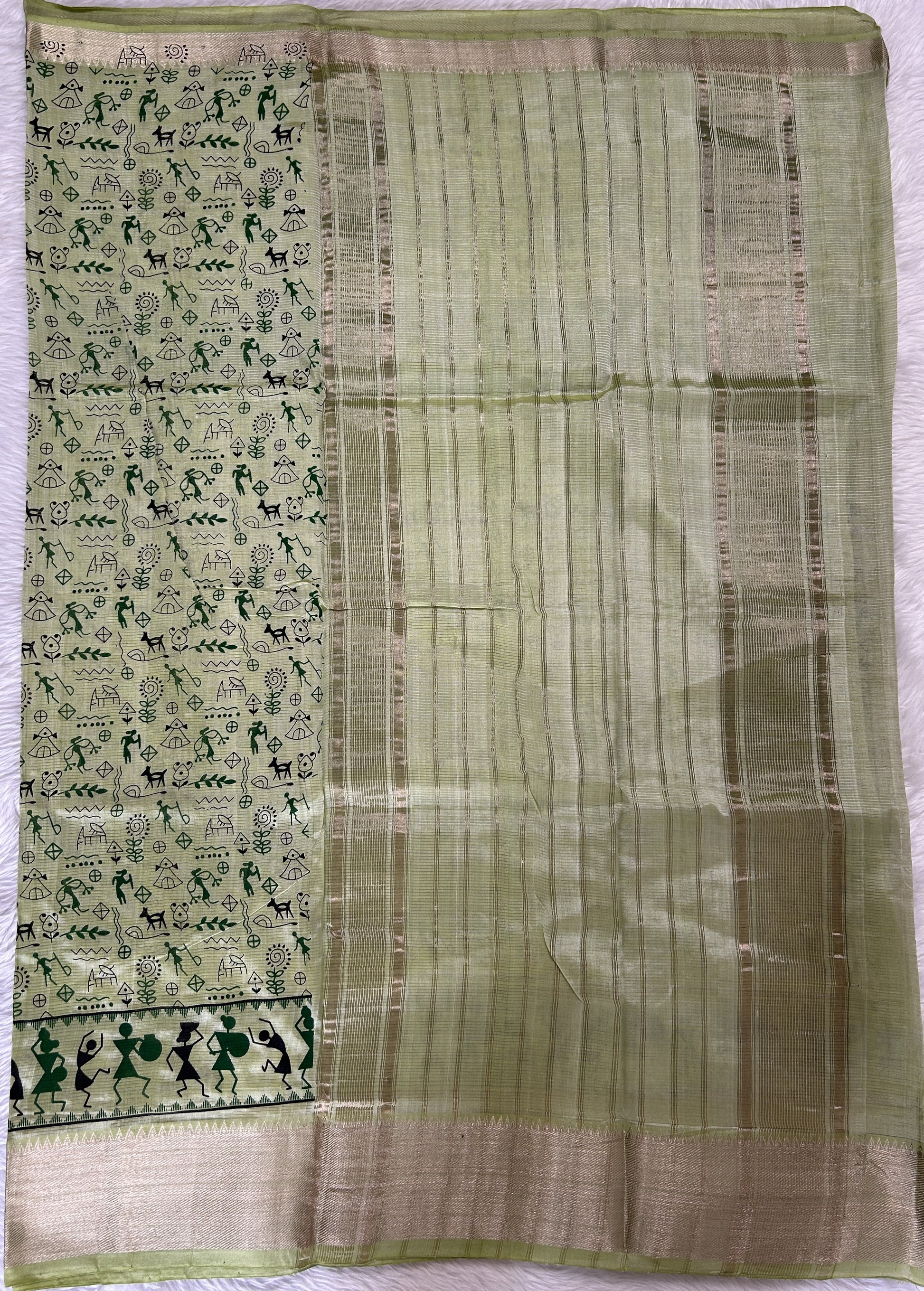Mangalagiri Pattu Digital Print Saree Pastel Green colored Saree complemented with a  Mangalagiri Border - Sampradaya Designer Studio