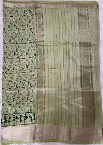 Mangalagiri Pattu Digital Print Saree Pastel Green colored Saree complemented with a  Mangalagiri Border - Sampradaya Designer Studio