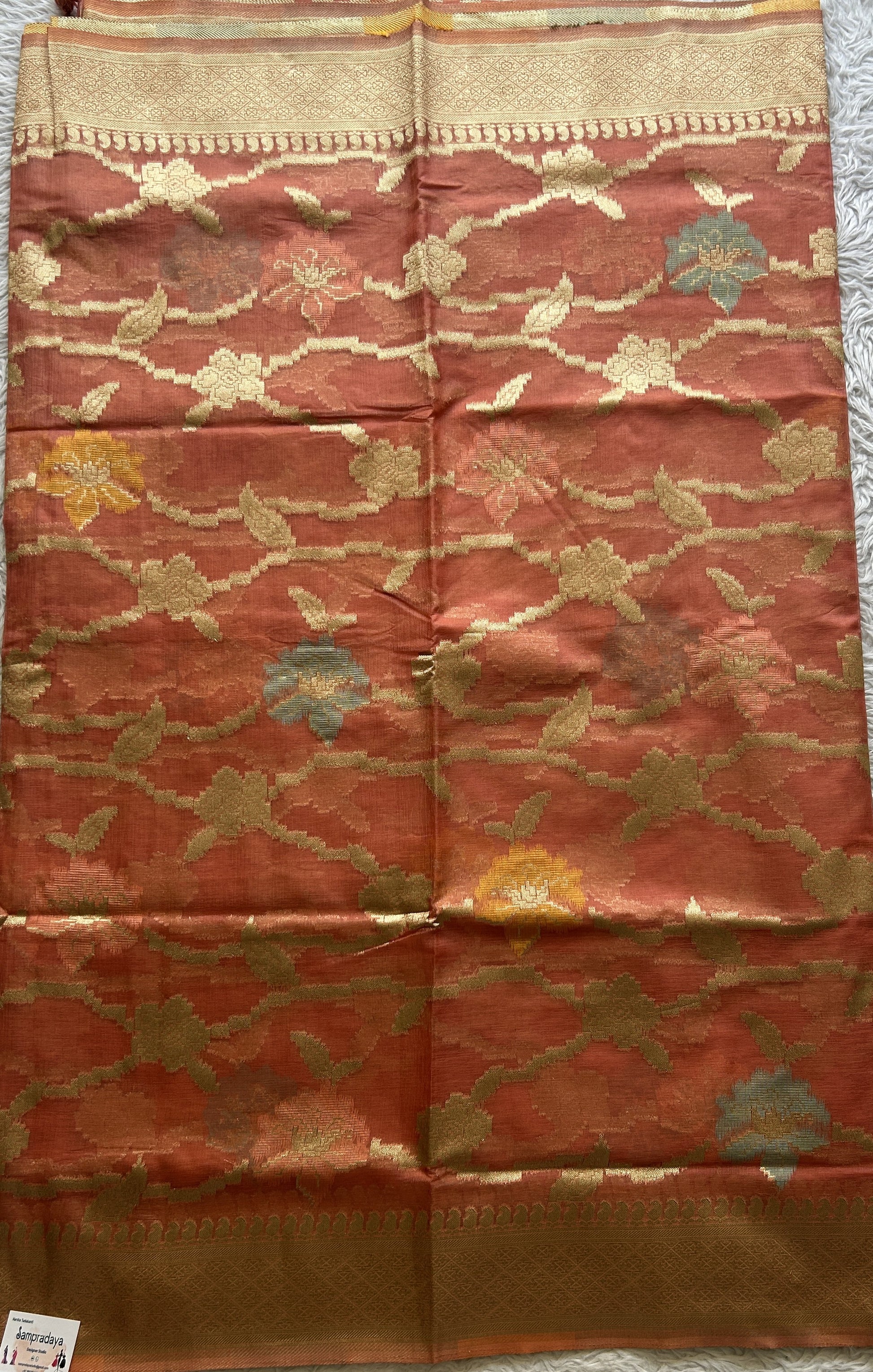 Semi Raw Silk Tissue Saree Dusty Pink Colored Elegantly Paired with a Zari Border. - Sampradaya Designer Studio