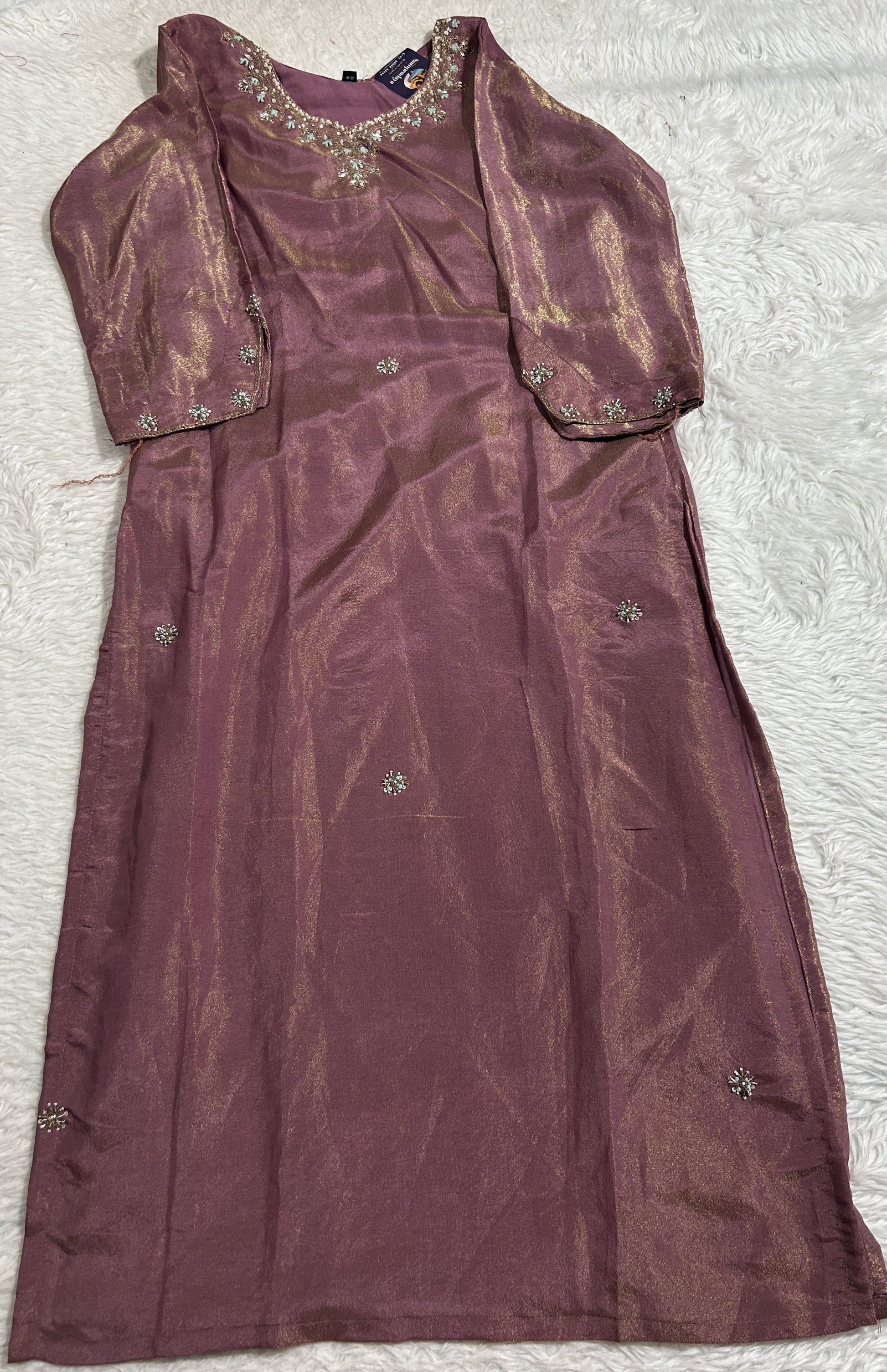 Tissue Kurti Set Onion Pink Colored With a Embroidery Work . - Sampradaya Designer Studio