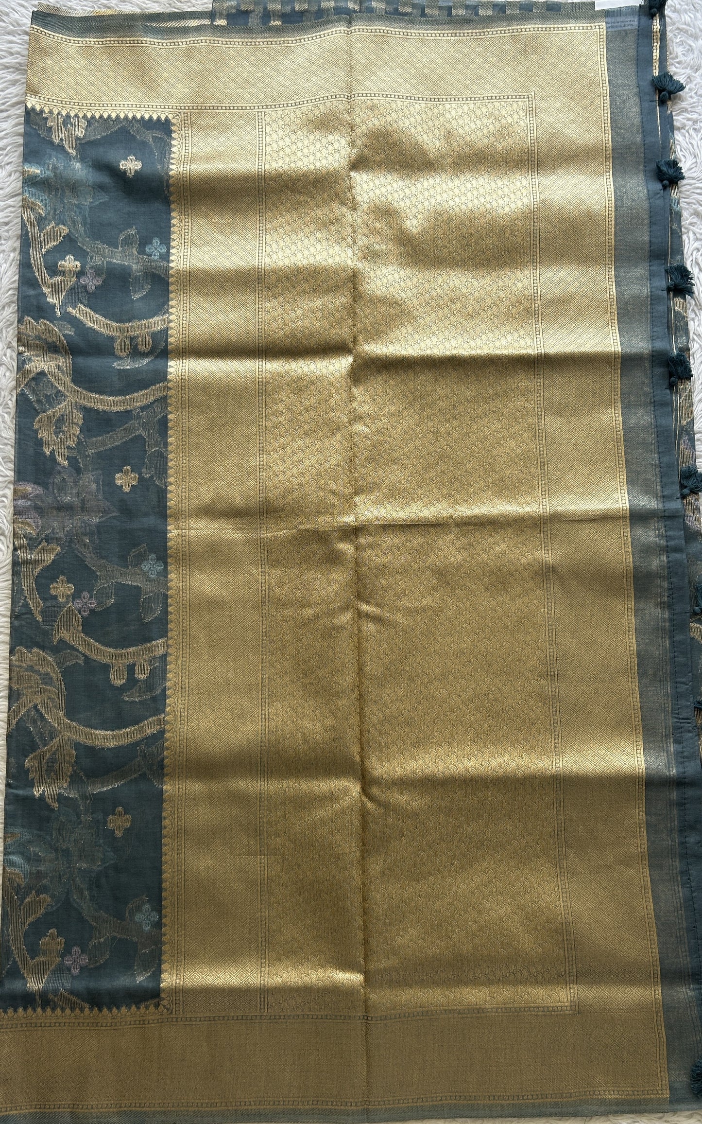Semi Raw Silk Tissue Saree Grayish Blue Colored Elegantly Paired with a Zari Border. - Sampradaya Designer Studio