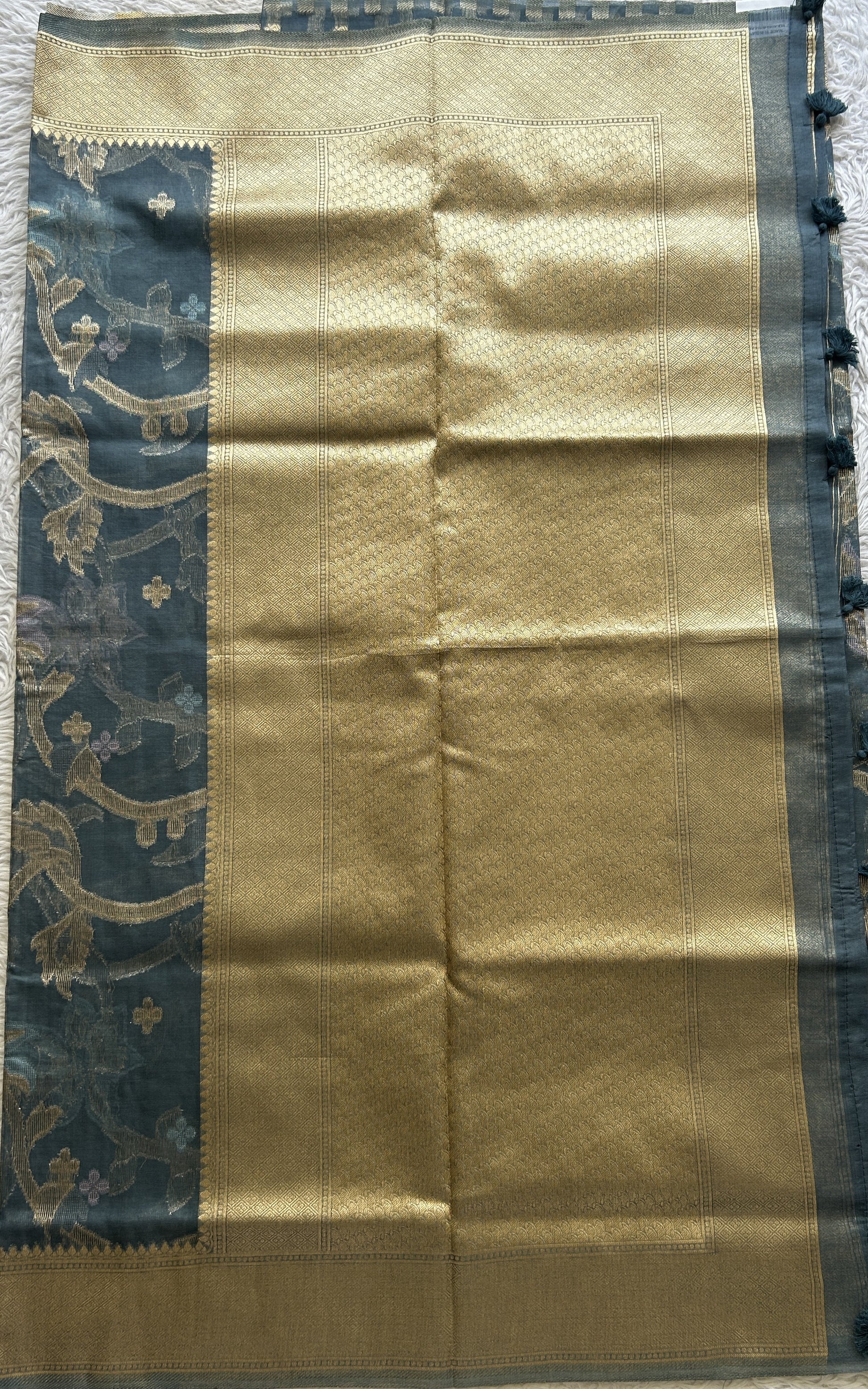 Semi Raw Silk Tissue Saree Grayish Blue Colored Elegantly Paired with a Zari Border. - Sampradaya Designer Studio