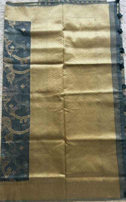 Semi Raw Silk Tissue Saree Grayish Blue Colored Elegantly Paired with a Zari Border. - Sampradaya Designer Studio