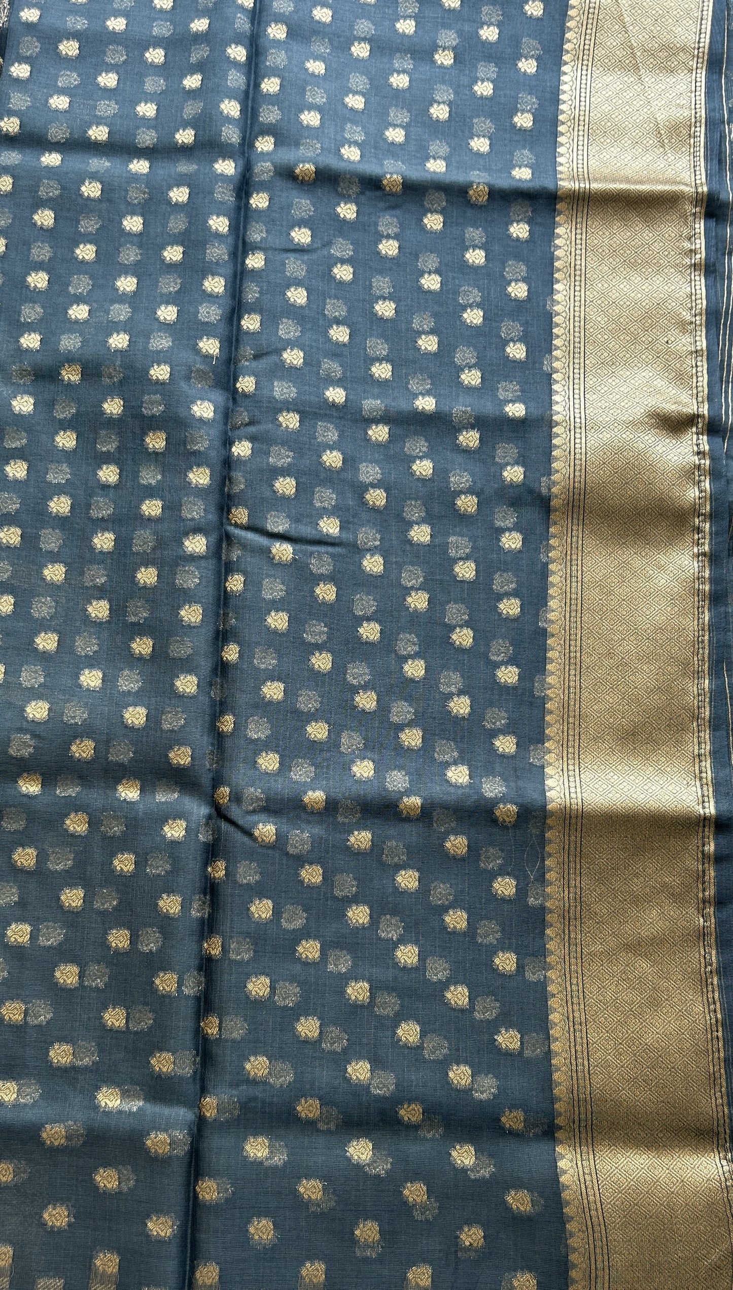 Semi Raw Silk Tissue Saree Grayish Blue Colored Elegantly Paired with a Zari Border. - Sampradaya Designer Studio