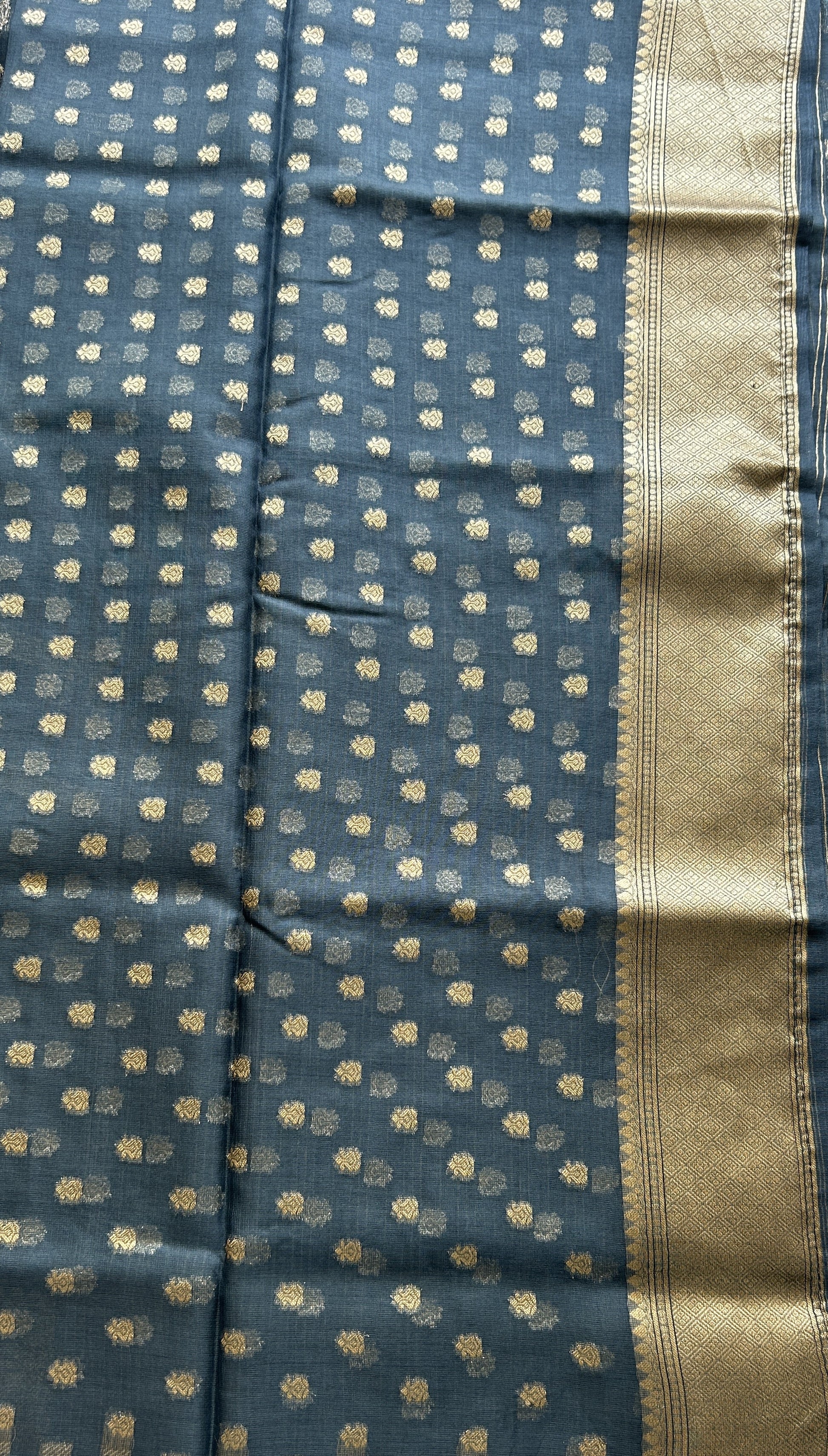 Semi Raw Silk Tissue Saree Grayish Blue Colored Elegantly Paired with a Zari Border. - Sampradaya Designer Studio