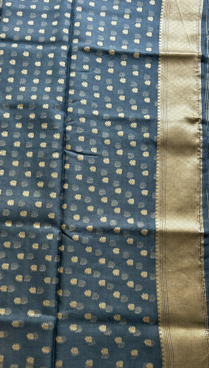 Semi Raw Silk Tissue Saree Grayish Blue Colored Elegantly Paired with a Zari Border. - Sampradaya Designer Studio