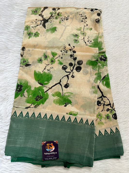 Mangalagiri Pattu Digital Print Saree Cream colored Saree complemented with a Green Colored Mangalagiri Border - Sampradaya Designer Studio