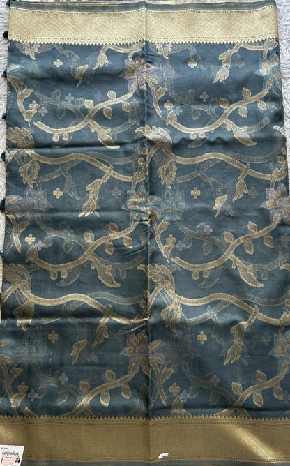 Semi Raw Silk Tissue Saree Grayish Blue Colored Elegantly Paired with a Zari Border. - Sampradaya Designer Studio