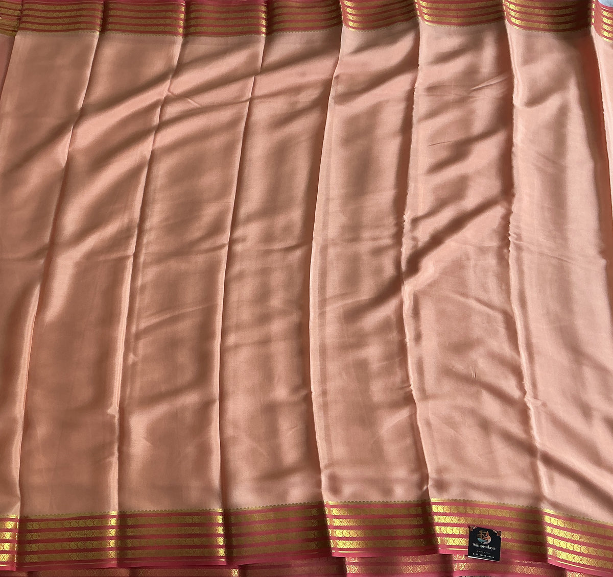 Peach Mysore Crepe Silk Saree with Silver Zari Border | Pure Handloom | Silk Mark Certified