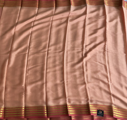 Peach Mysore Crepe Silk Saree with Silver Zari Border | Pure Handloom | Silk Mark Certified