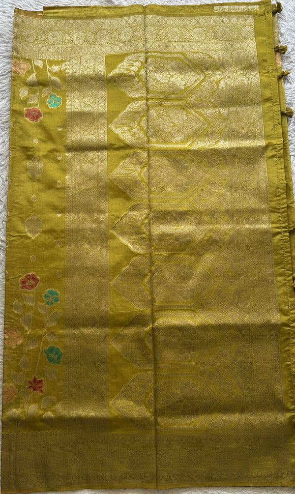 Semi Raw Silk Saree Mustard Green Colored Elegantly Paired with a Zari Border. - Sampradaya Designer Studio
