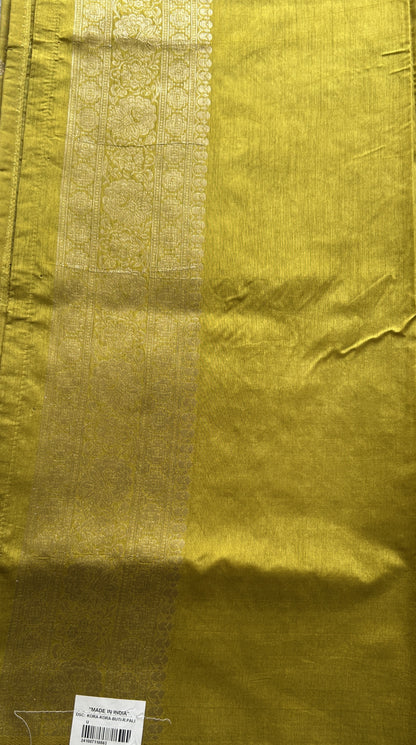 Semi Raw Silk Saree Mustard Green Colored Elegantly Paired with a Zari Border. - Sampradaya Designer Studio