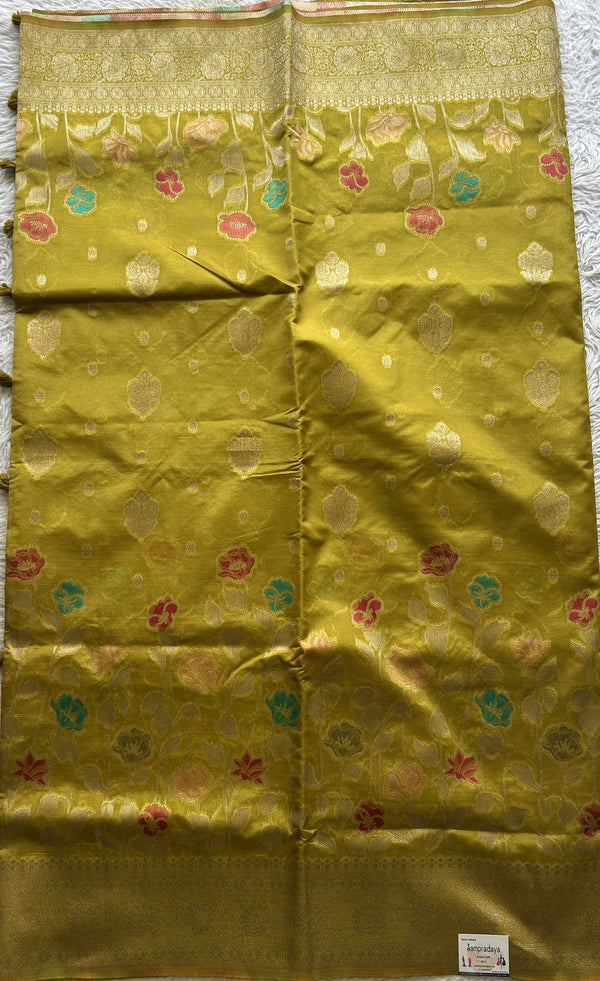 Semi Raw Silk Saree Mustard Green Colored Elegantly Paired with a Zari Border. - Sampradaya Designer Studio