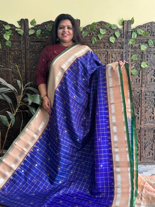 Gadwal Silk Saree Ink Blue Colored Complemented With a Beige Zari Border - Sampradaya Designer Studio