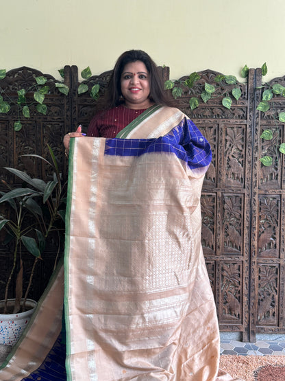 Gadwal Silk Saree Ink Blue Colored Complemented With a Beige Zari Border - Sampradaya Designer Studio