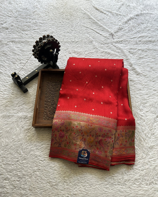 Banarasi Tussar Georgette Saree Crimson Red Colored Elegantly Paired Zari Border. - Sampradaya Designer Studio