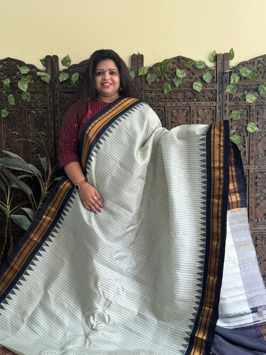Gadwal Silk Saree Light Pista Green Colored Complemented With a Indigo Blue Zari Border - Sampradaya Designer Studio