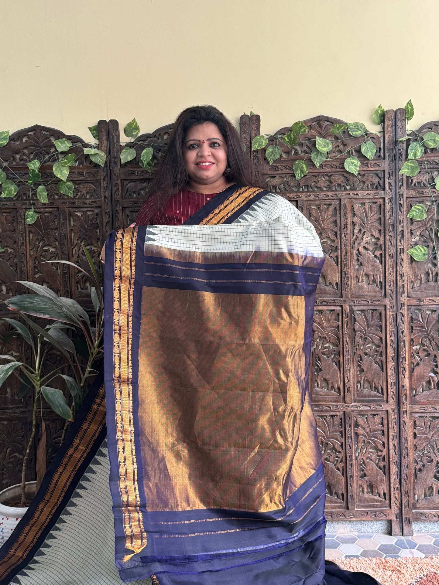 Gadwal Silk Saree Light Pista Green Colored Complemented With a Indigo Blue Zari Border - Sampradaya Designer Studio