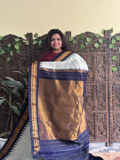 Gadwal Silk Saree Light Pista Green Colored Complemented With a Indigo Blue Zari Border - Sampradaya Designer Studio