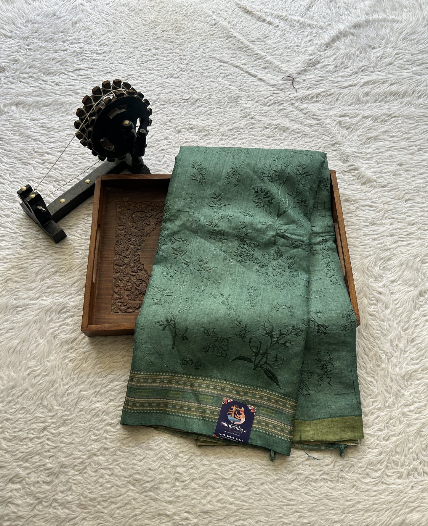Pure Tussar Silk Saree Pine Green Color Complemented with a Printed Border. - Sampradaya Designer Studio
