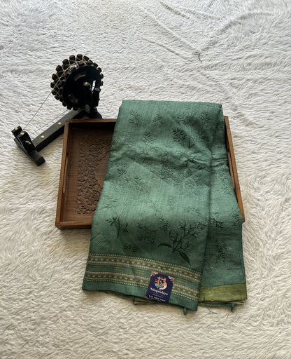 Pure Tussar Silk Saree Pine Green Color Complemented with a Printed Border. - Sampradaya Designer Studio