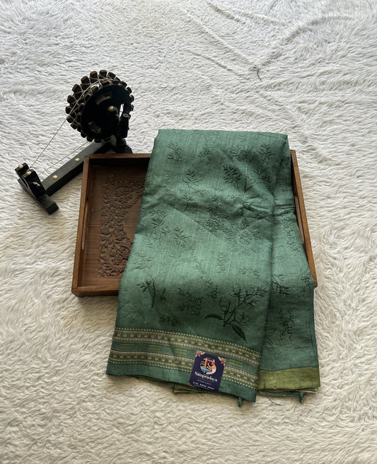 Pure Tussar Silk Saree Pine Green Color Complemented with a Printed Border. - Sampradaya Designer Studio