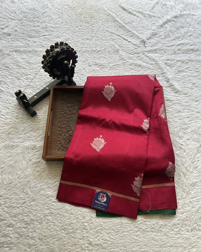 Raw Mango or Pooniya Silk Saree Hot Pink Colored Complemented With a Plain Border - Sampradaya Designer Studio