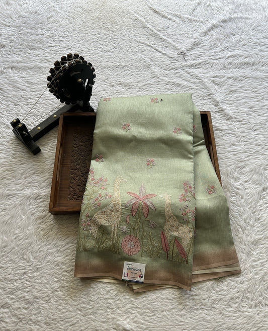 Semi Tussar Saree Very Light Green Colored complemented with a Borderless. - Sampradaya Designer Studio