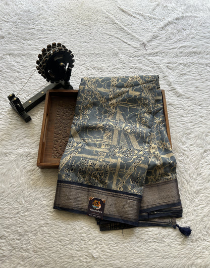 Dola Crepe Saree Indigo Blue Colored Elegantly Paired with a Zari Border. - Sampradaya Designer Studio