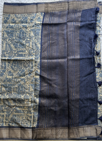 Dola Crepe Saree Indigo Blue Colored Elegantly Paired with a Zari Border. - Sampradaya Designer Studio