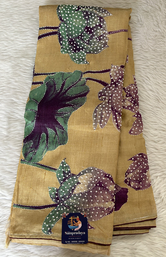 Tussar Silk Saree Mustard Yellow colored complemented with a borderless Saree. - Sampradaya Designer Studio