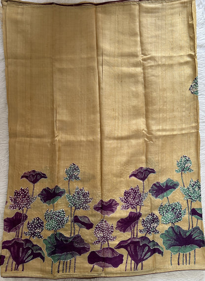 Tussar Silk Saree Mustard Yellow colored complemented with a borderless Saree. - Sampradaya Designer Studio