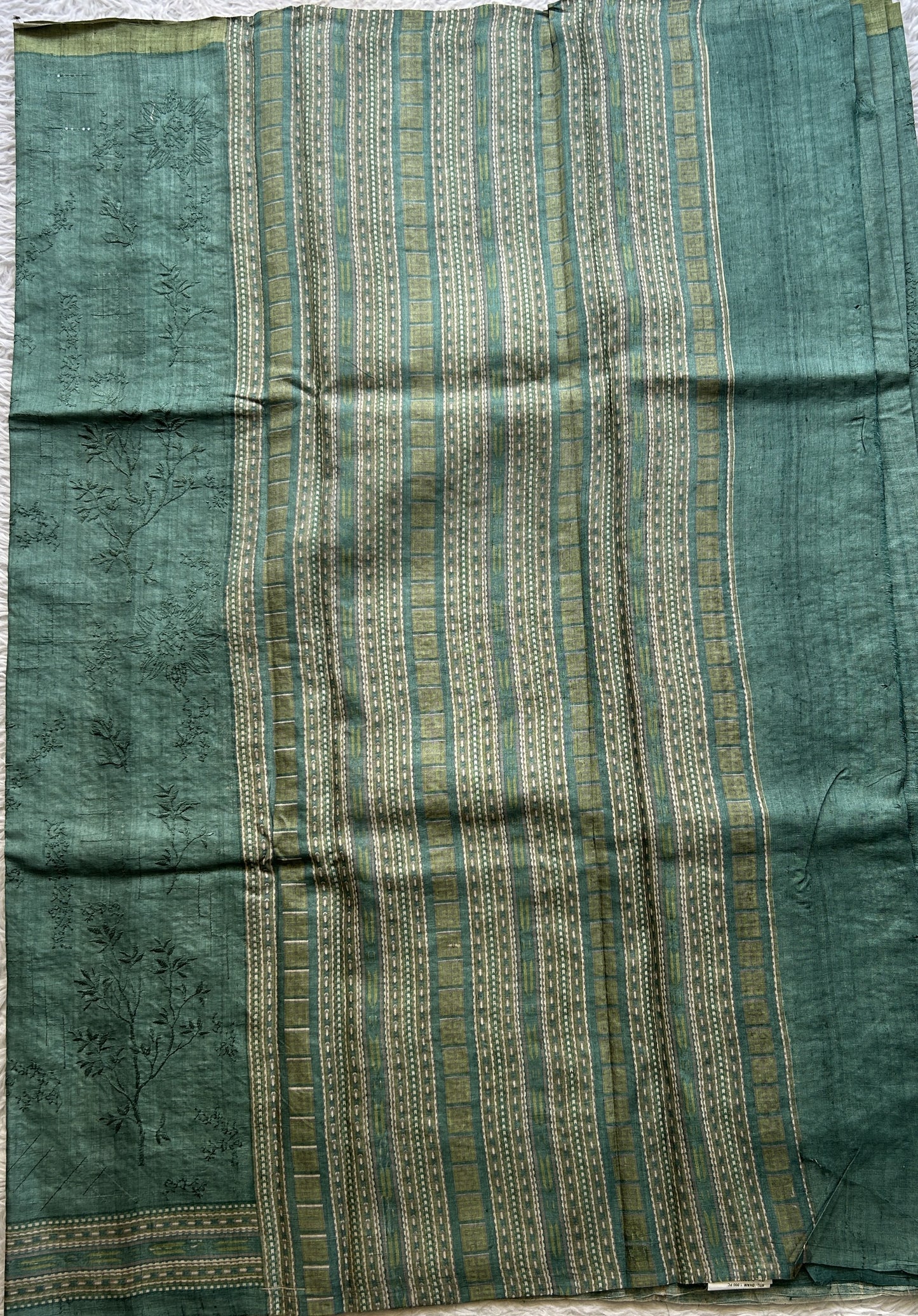 Pure Tussar Silk Saree Pine Green Color Complemented with a Printed Border. - Sampradaya Designer Studio