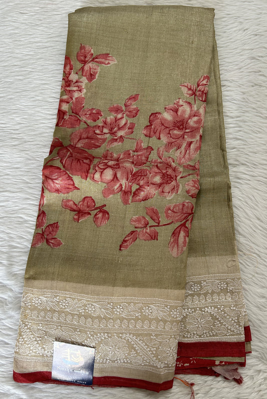 Tussar Silk Saree Light Olive Green colored complemented with a Cream Color Chikankari border. - Sampradaya Designer Studio