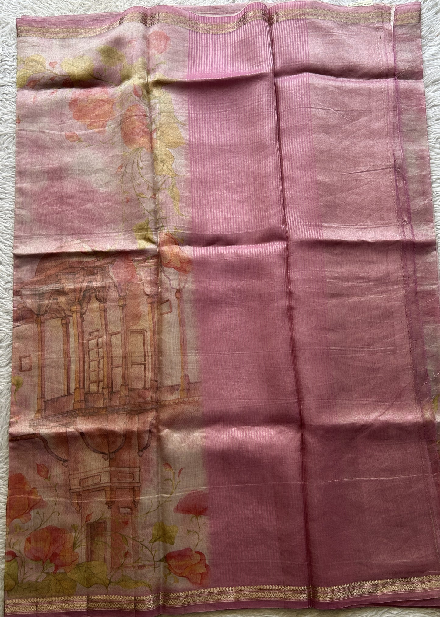Banarasi Tissue Kora Saree Baby Pink Colored Complemented with a Zari Border. - Sampradaya Designer Studio