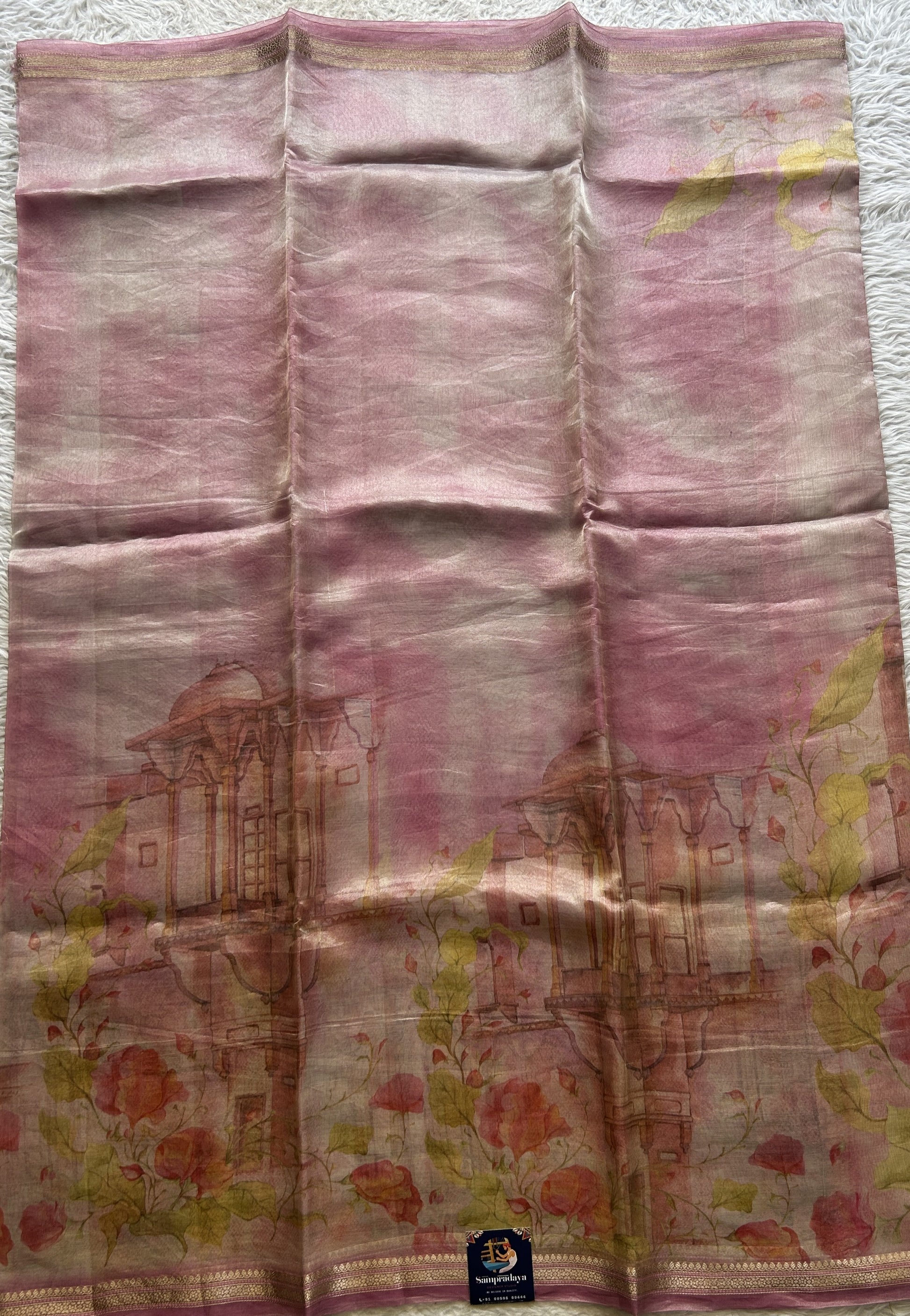Banarasi Tissue Kora Saree Baby Pink Colored Complemented with a Zari Border. - Sampradaya Designer Studio