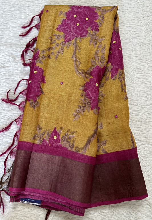 Tussar Silk Saree Mustard Yellow colored complemented with a Muted Pink Color Zari Weaving border. - Sampradaya Designer Studio