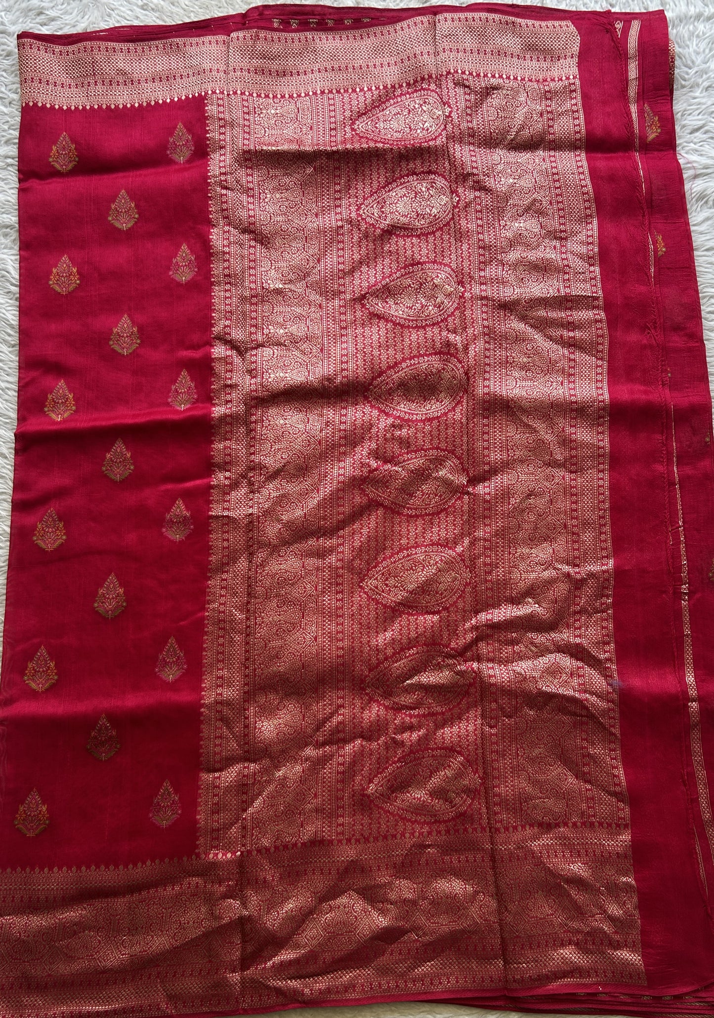 Banarasi Tussar Georgette Saree Hot Pink Colored Elegantly Paired Zari Border. - Sampradaya Designer Studio