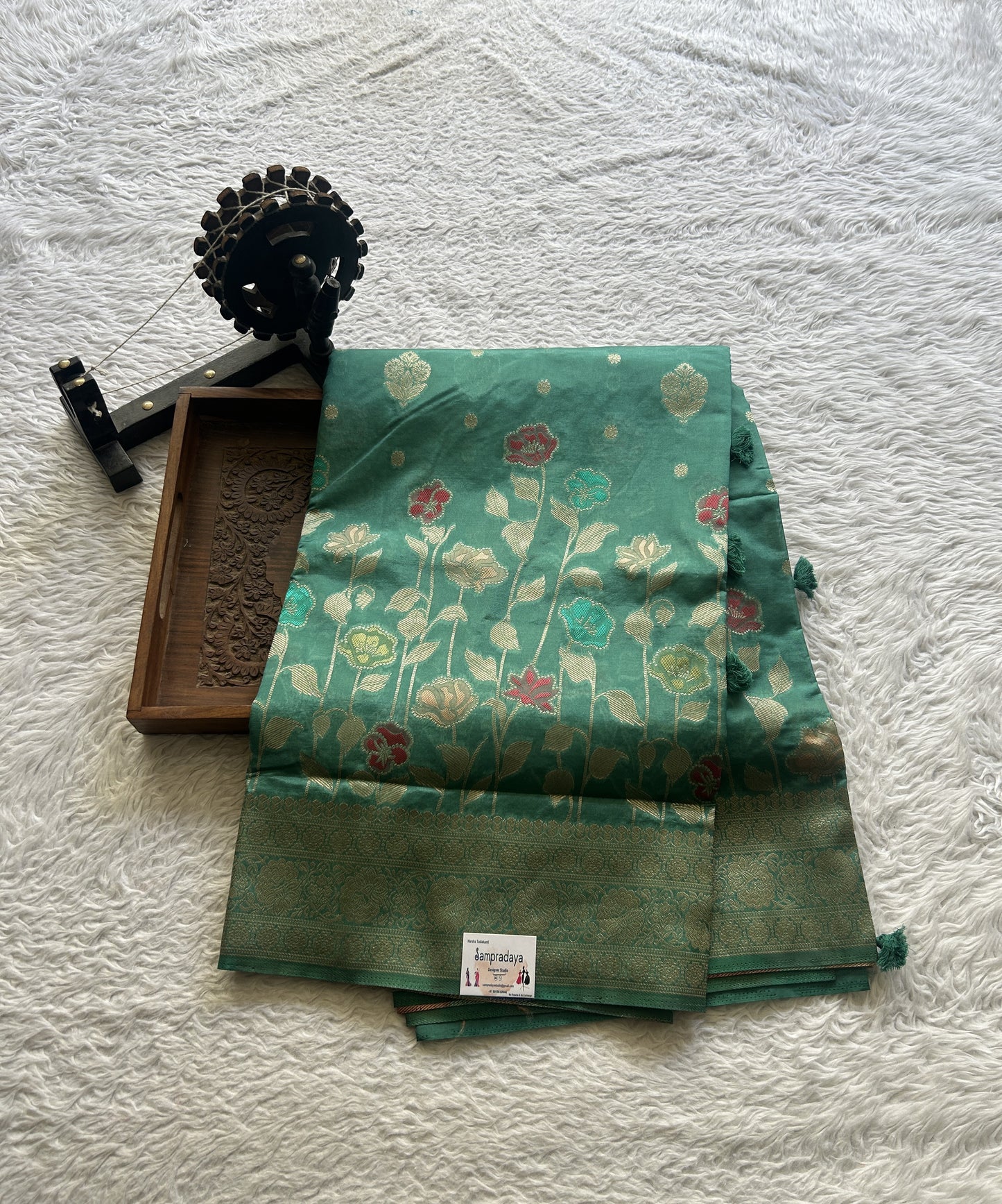 Semi Raw Silk Saree Rama Green Colored Exquisite with a Zari Border. - Sampradaya Designer Studio