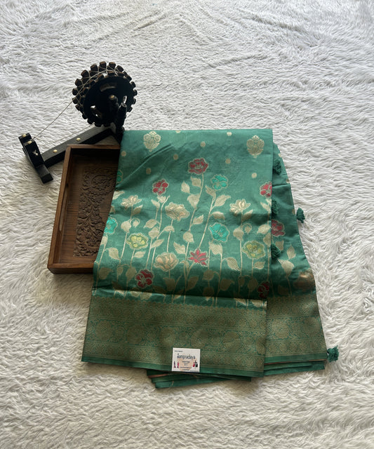 Semi Raw Silk Saree Rama Green Colored Exquisite with a Zari Border. - Sampradaya Designer Studio