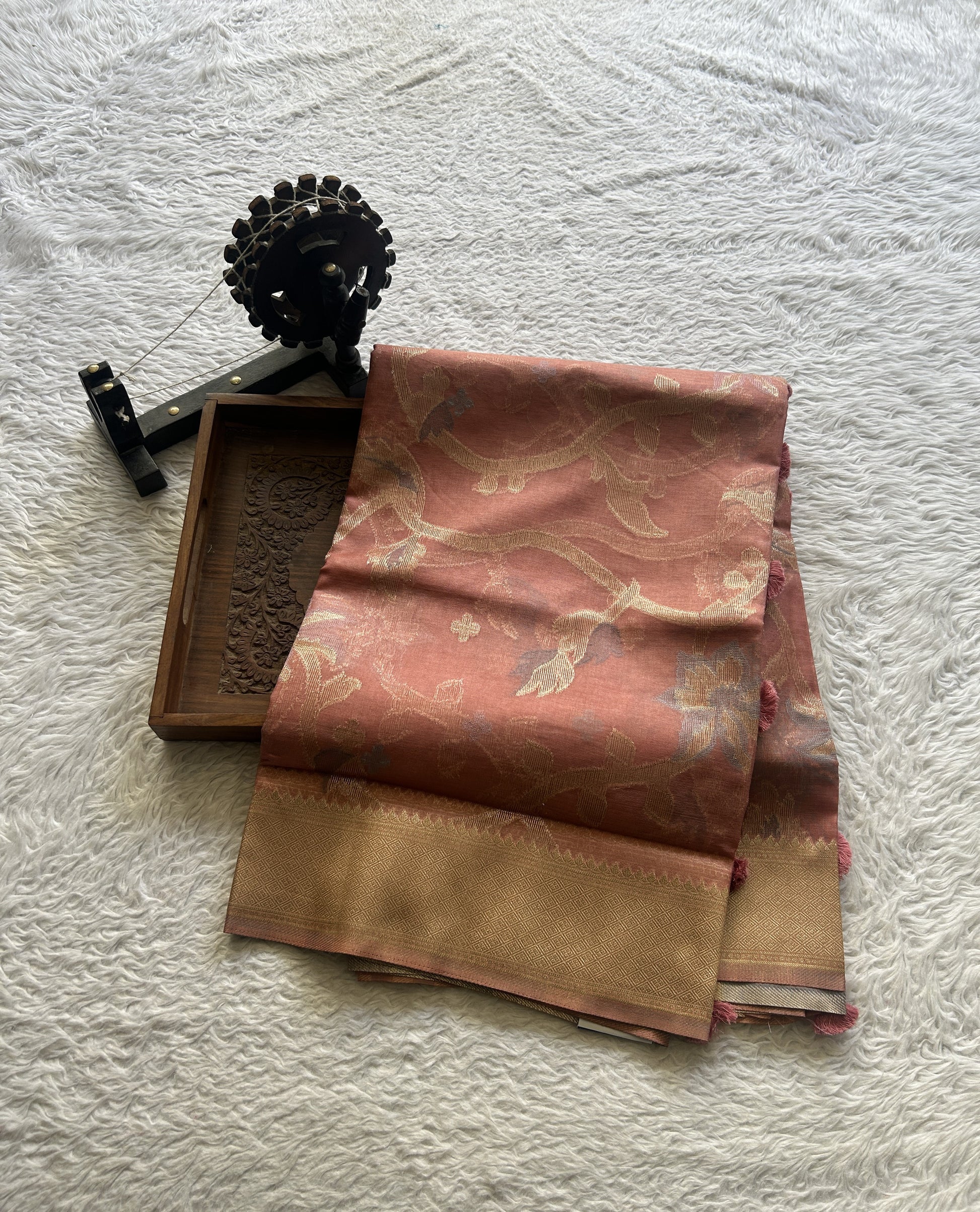 Semi Raw Silk Saree Peach Colored Exquisite with a Zari Border. - Sampradaya Designer Studio