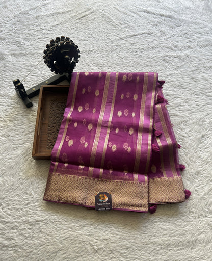 Semi Raw Silk Saree Barbie Pink Colored Exquisite with a Zari Border. - Sampradaya Designer Studio