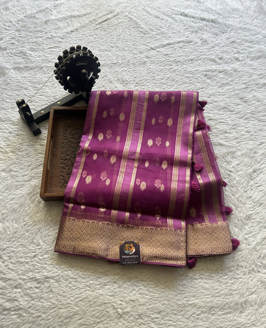 Semi Raw Silk Saree Barbie Pink Colored Exquisite with a Zari Border. - Sampradaya Designer Studio