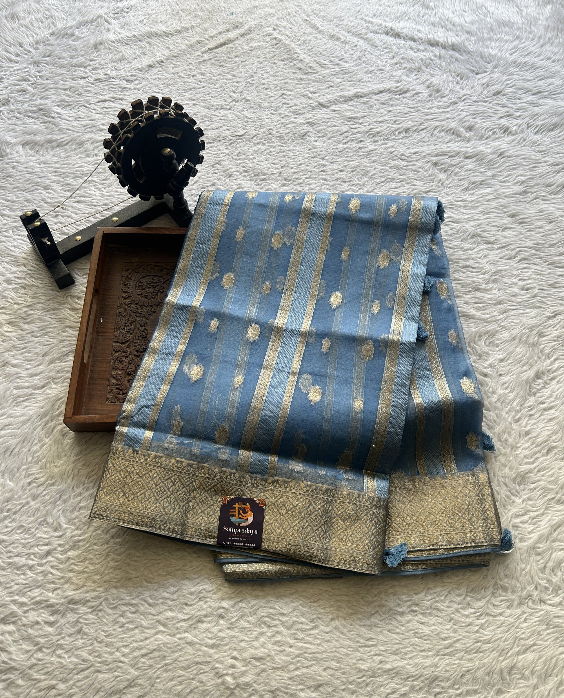 Semi Raw Silk Saree Light Blue Colored Exquisite with a Zari Border. - Sampradaya Designer Studio