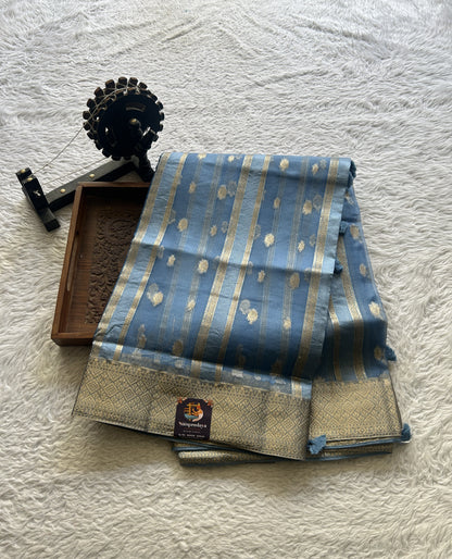 Semi Raw Silk Saree Light Blue Colored Exquisite with a Zari Border. - Sampradaya Designer Studio